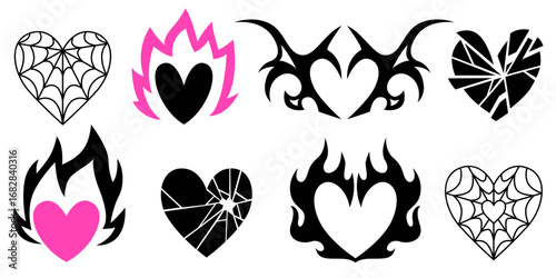 Y2k gothic heart designs with tribal flames, broken glass patterns and spider web details for edgy aesthetics. Pink elements, black silhouettes on white. Emo punk symbols for tattoos or stickers.