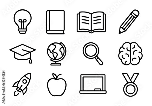 Learning Icon Collection. Outline icon set of Inspiring learning: lightbulb, book, open notebook, pencil,
