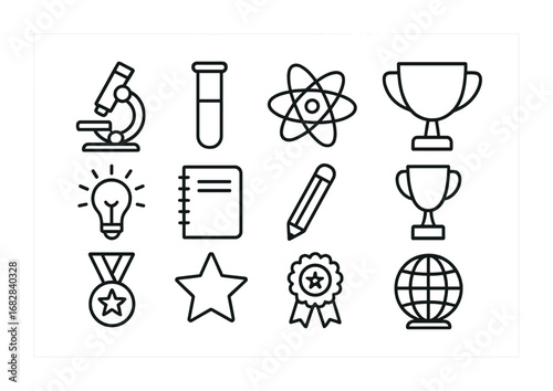 Science Curiosity Icons. Outline icon set of Science and curiosity motivation: microscope, test tube, atom,