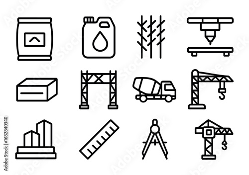 Innovative Building Icons. Outline icon set of Innovative building materials: concrete bag, polymer additive,