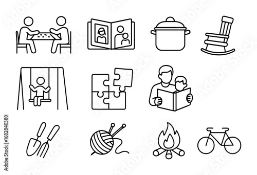 Multigenerational Family Icons. Outline icon set of Multigenerational family activities: board game, photo