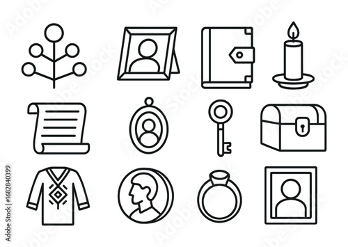 Ancestral Heritage Icons. Outline icon set of Ancestral heritage and family history: family tree, photo frame,