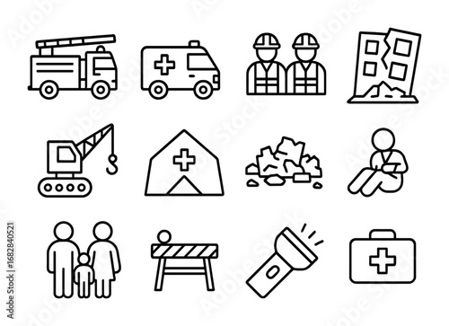 Earthquake Response Icons. Outline icon set of Earthquake emergency response: fire truck, ambulance, rescue