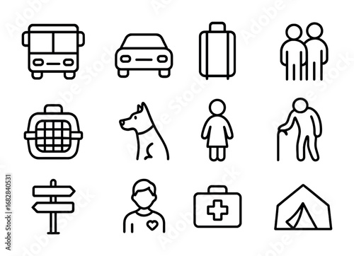 Community Evacuation Icons. Outline icon set of Community evacuation: bus, car, suitcase, family, pet carrier,