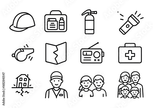 Earthquake Safety Icons. Outline icon set of Earthquake safety education: helmet, emergency kit, fire
