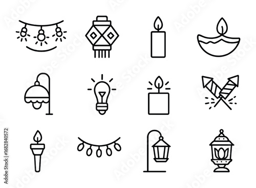 Diwali Lighting Icons. Outline icon set of Diwali lighting decorations: string lights, lantern, candle, diya,