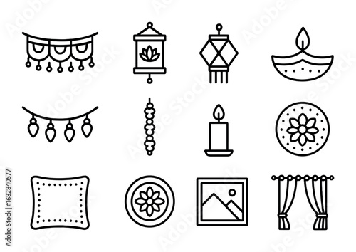 Diwali Decoration Icons. Outline icon set of Diwali home decorations: door toran, wall hanging, lantern, diya,