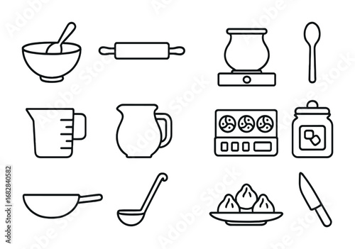 Diwali Sweets Icons. Outline icon set of Diwali sweets preparation: mixing bowl, rolling pin, stove, spoon,