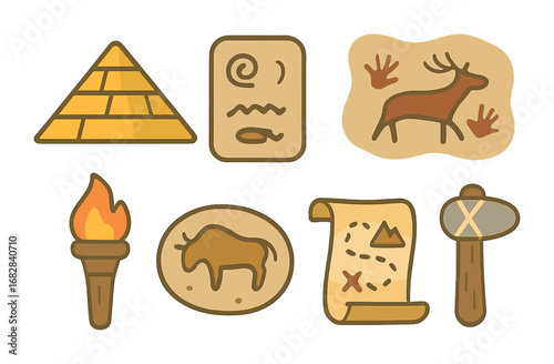 Ancient Civ Icons Grid. Flat vector mini-illustrations visiting ancient civilizations in colors children's