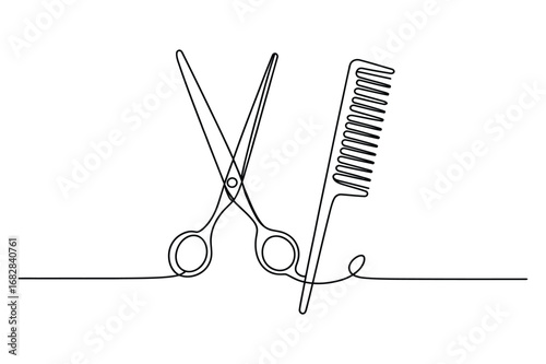One Line Drawing of Scissors and Comb | Editable Stroke Hairdresser Vector