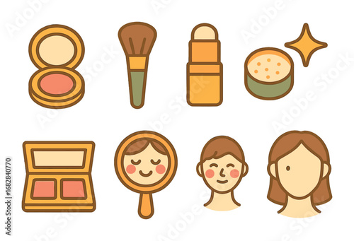 Children's Makeup Icons. Flat vector mini-illustrations blush and highlight routine in colors children's