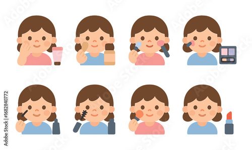 Makeup Steps Icons. Flat vector mini-illustrations makeup application steps in colors children's illustrations