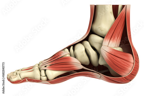 3d anatomical cutaway of the human foot showing bones muscles and ligaments in medical illustration