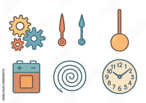 Colorful Clock Mechanisms. Flat vector mini-illustrations clock mechanisms in colors children's illustrations: