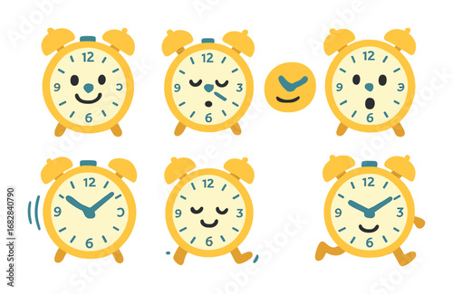 Whimsical Clocks. Flat vector mini-illustrations animated time faces in colors children's illustrations: happy