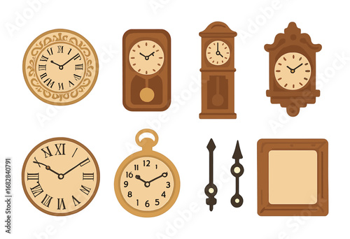 Antique Clock Icons. Flat vector mini-illustrations antique clock designs in colors children's illustrations: