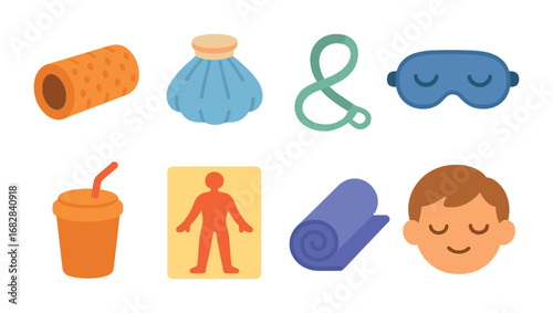 Recovery Day Icons. Flat vector mini-illustrations recovery and rest day in colors children's illustrations: