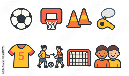 Children's Sports Icons. Flat vector mini-illustrations team sports practice in colors children's