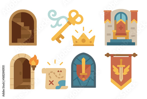 Children's Castle Quest. Flat vector mini-illustrations castle quest of destiny in colors children's