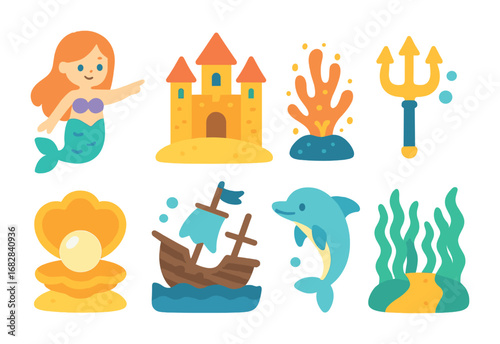 Underwater Adventure Icons. Flat vector mini-illustrations underwater mythical adventure in colors children's