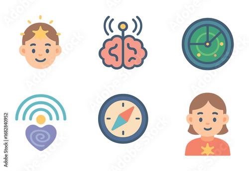 Children's Intuitive Icons. Flat vector mini-illustrations intuition and quantum sensing in colors children's