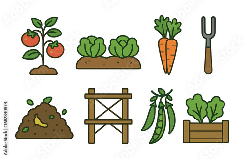 Children's Vegetable Garden Icons. Flat vector mini-illustrations vegetable garden setup in colors children's