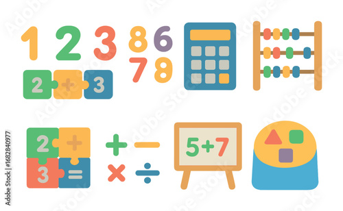 Children's Math App Icons. Flat vector mini-illustrations math learning apps in colors children's