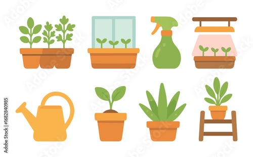 Indoor Plant Icons. Flat vector mini-illustrations indoor gardening in colors children's illustrations: potted