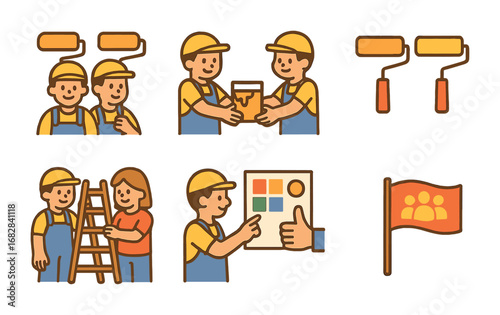 Colorful Teamwork Icons. Flat vector mini-illustrations teamwork in large painting projects in colors children