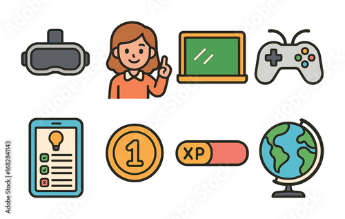 Virtual Classroom Icons. Flat vector mini-illustrations virtual classroom gaming tools in colors children's