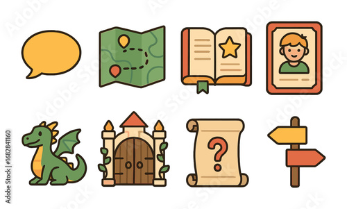 Fantasy Game Icons. Flat vector mini-illustrations storytelling game modules in colors children's