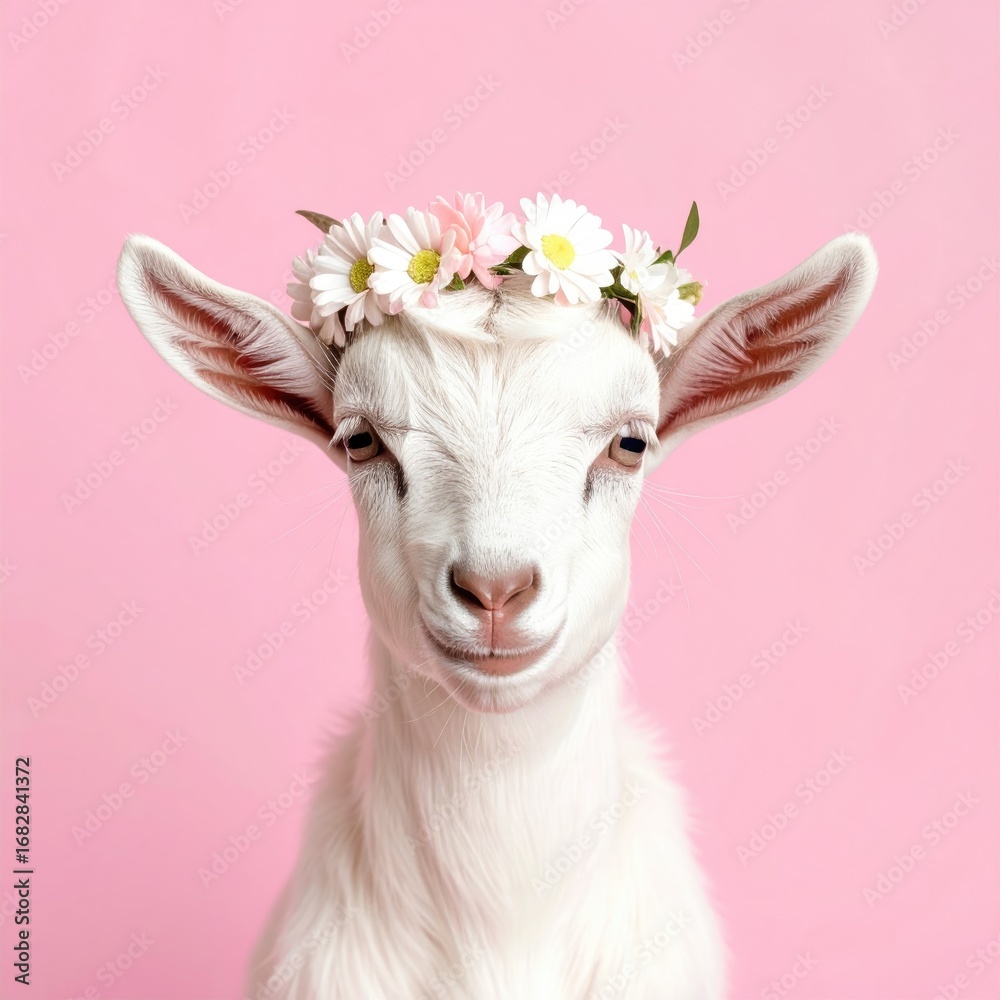 Obraz premium A portrait of a white kid wearing a daisy crown, set against a soft pink background, showcasing its gentle features and delicate floral adornment