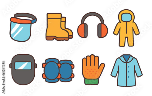Children's PPE Icons. Flat vector mini-illustrations Personal protective equipment (PPE) in colors children's