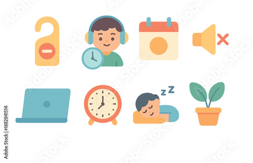Work Boundaries Icons. Flat vector mini-illustrations Setting work boundaries in colors children's