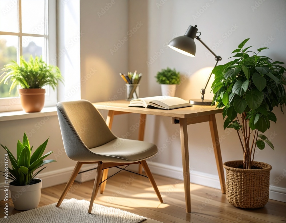 Fototapeta premium Aesthetic ultra realistic study corner with small desk, chair, open book, lamp