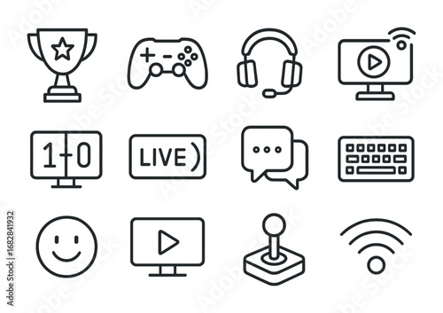 E-Sports Icon Set. Outline icon set of e-sports live broadcasting: trophy, game controller, headset, streaming