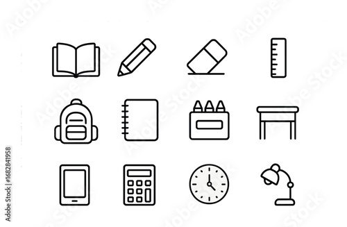 Children's Study Icons. Outline icon set of children study time: school book, pencil, eraser, ruler, backpack,