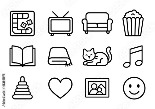 Family Time Icons. Outline icon set of family quality time: board game, television, couch, popcorn, book,
