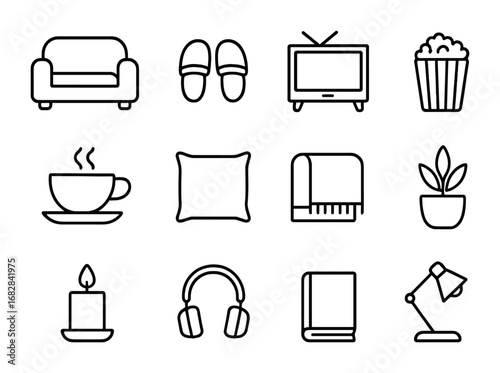 Relaxation Icons Grid. Outline icon set of relaxation after work: sofa, slippers, TV, popcorn, tea cup, pillow