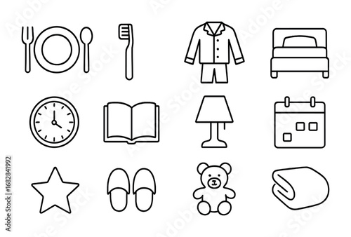Evening Routine Icons. Outline icon set of evening family routine: dinner plate, toothbrush, pajamas, bed,