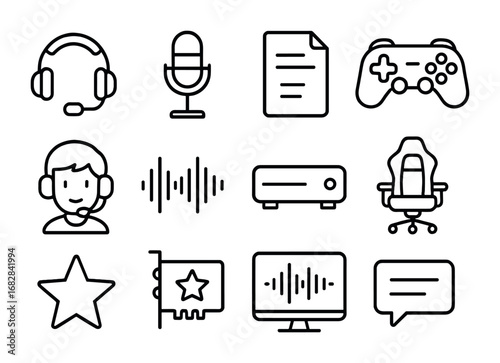 Voice Acting Icon Set. Outline icon set of voice acting for games: headset, microphone, script, joystick,