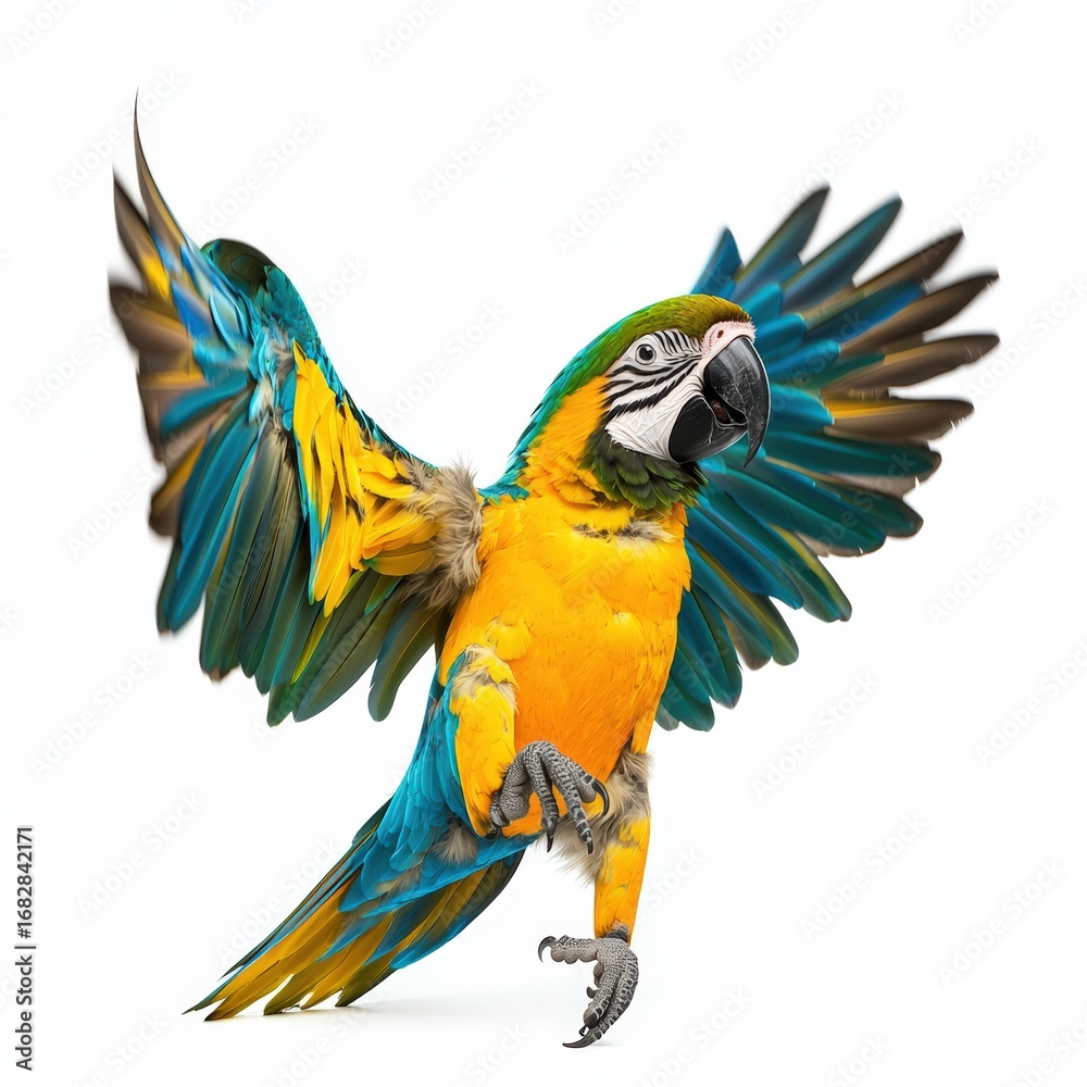 Fototapeta premium A colorful macaw spreading its wings, isolated on a clean white background with generous margins for branding messages ,