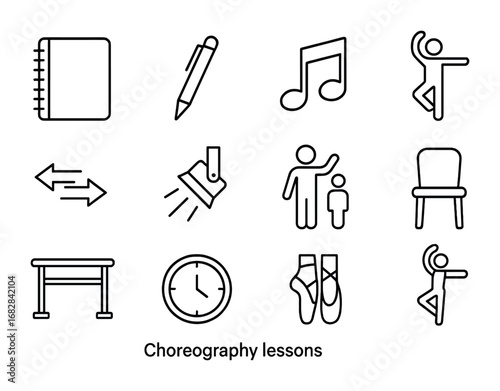 Choreography Lesson Icons. Outline icon set of choreography lessons: notebook, pen, music note, dancer, arrows