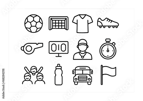 School Soccer Icons. Outline icon set of school soccer: soccer ball, goalpost, jersey, cleats, whistle,