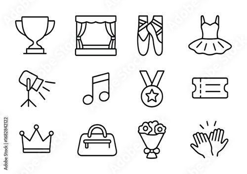 Dance Competition Icons. Outline icon set of dance competition: trophy, stage, shoes, tutu, spotlight, music