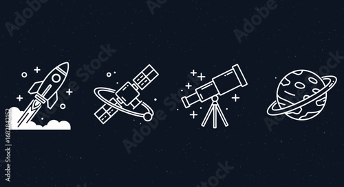 Minimalist line art icons representing the concept of space exploration and astronomical discovery, featuring a rocket, satellite, telescope, and planet