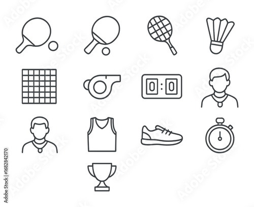School Games Icon Set. Outline icon set of indoor school games: table tennis paddle, ping pong ball, badminton