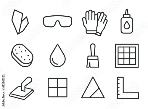 Glass Mosaic Icon Set. Outline icon set of glass tile mosaic: glass shard, safety glasses, gloves, adhesive,