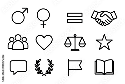 Gender Equality Icons. Outline icon set of gender equality: male symbol, female symbol, equal sign, handshake,