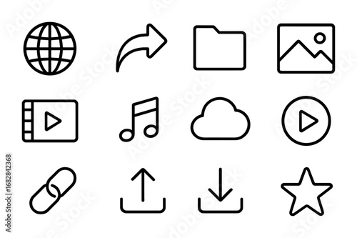 Content Distribution Icons. Outline icon set of content distribution: globe, share arrow, folder, image, video